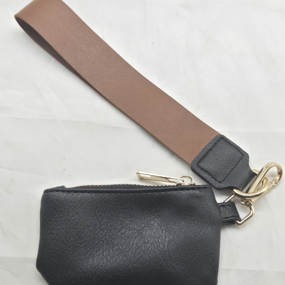 Black Wristlet Change Pouch with Brown Strap